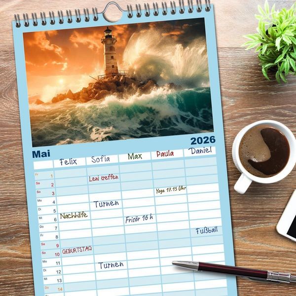 Produktbild: Familienplaner 2026 - KI-Leuchtt&uuml;rme mit 5 Spalten (Wandkalender, 21 x 45 cm) CALVENDO