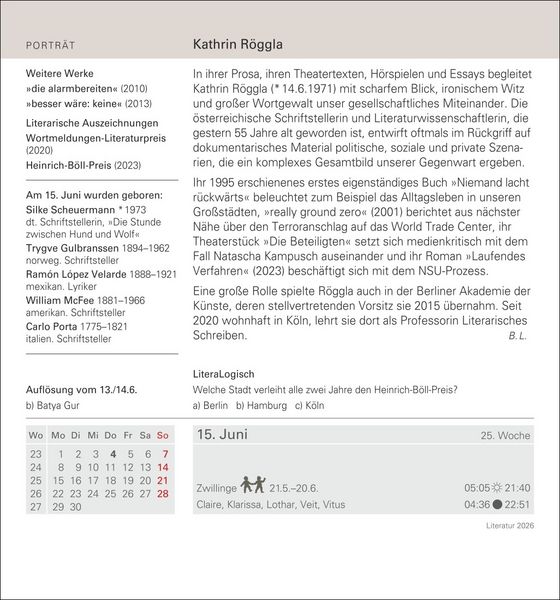 Produktbild: Literatur Tagesabrei&szlig;kalender 2026 - Kulturkalender - Autoren, Werke, H&ouml;rb&uuml;cher