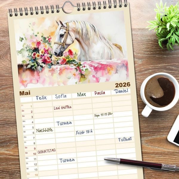 Produktbild: Familienplaner 2026 - Hufspuren im Bl&uuml;tenmeer mit 5 Spalten (Wandkalender, 21 x 45 cm) CALVENDO