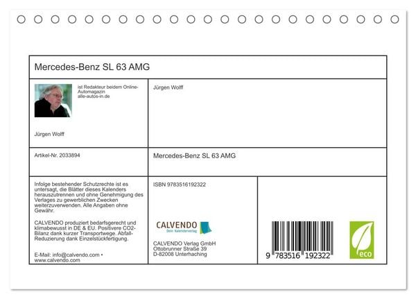 Produktbild: Mercedes-Benz SL 63 AMG (Tischkalender 2026 DIN A5 quer), CALVENDO Monatskalender