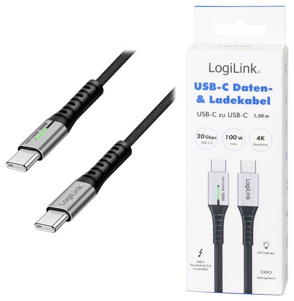 Produktbild: LogiLink USB-C&reg; Kabel USB 3.2 Gen2x2 USB-C&reg; Stecker 1.50 m Schwarz mit LED, 4K UHD, beidseitig verwendbarer Stecker CU0433