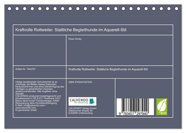 Produktbild: Kraftvolle Rottweiler. Stattliche Begleithunde im Aquarell-Stil (Tischkalender 2026 DIN A5 quer), CALVENDO Monatskalender