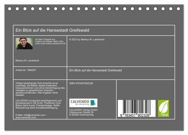 Produktbild: Ein Blick auf die Hansestadt Greifswald (Tischkalender 2026 DIN A5 quer), CALVENDO Monatskalender
