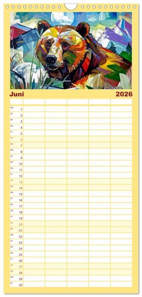 Produktbild: Familienplaner 2026 - Farbenfrohe Tierbilder mit 5 Spalten (Wandkalender, 21 x 45 cm) CALVENDO