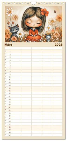 Produktbild: Familienplaner 2026 - M&auml;dchentr&auml;ume. S&uuml;&szlig;e Momente auf bl&uuml;henden Wiesen mit 5 Spalten (Wandkalender, 21 x 45 cm) CALVENDO