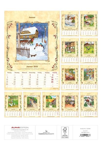 Produktbild: Bauernkalender 2026 - Bildkalender 23,7x34 cm - mit Wetterprognosen, Bauernregeln und liebevollen Illustrationen - Wandkalender - Alpha Edition