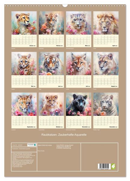 Produktbild: Raubkatzen. Zauberhafte Aquarelle (Wandkalender 2026 DIN A2 hoch), CALVENDO Monatskalender