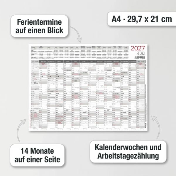 Produktbild: Tafelkalender A4 einseitig 2027