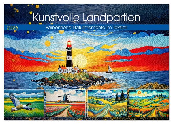 Produktbild: Kunstvolle Landpartien - Farbenfrohe Naturmomente im Textilstil (Wandkalender 2026 DIN A4 quer), CALVENDO Monatskalender