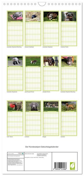 Produktbild: Familienplaner 2026 - Der Hundewelpen-Geburtstagskalender mit 5 Spalten (Wandkalender, 21 x 45 cm) CALVENDO