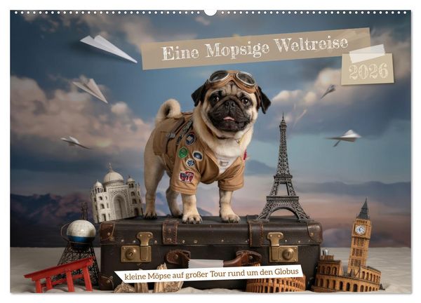Eine Mopsige Weltreise (Wandkalender 2026 DIN A2 quer), CALVENDO Monatskalender