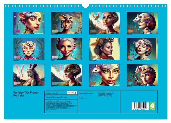 Produktbild: Fantasy Tier Frauen Portraits (Wandkalender 2026 DIN A3 quer), CALVENDO Monatskalender