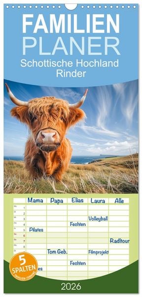 Produktbild: Familienplaner 2026 - Schottische Hochland Rinder mit 5 Spalten (Wandkalender, 21 x 45 cm) CALVENDO
