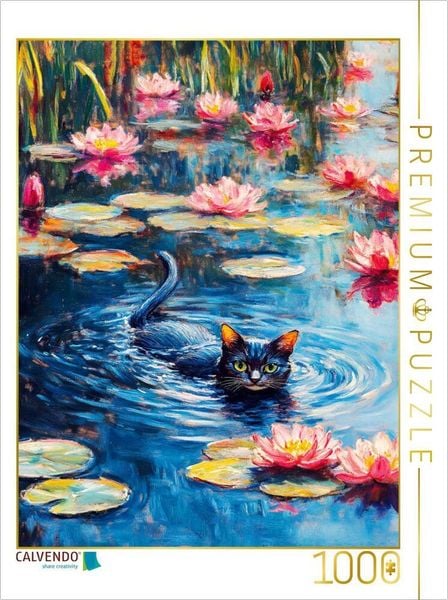 CALVENDO Puzzle Katze schwimmt im Seerosenteich des impressionistischen Gartens | 1000 Teile Lege-Größe 64x48cm Foto-Puzzle für glückliche Stunden