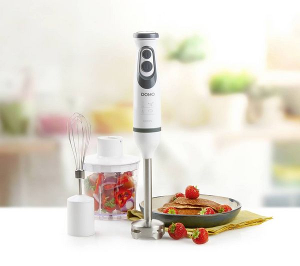 Produktbild: DOMO DO1089M Stabmixer 600 W mit Messbecher, Mixstab f&uuml;r Suppen, Schneebesenaufsatz, mit Zerkleinereraufsatz Wei&szlig;