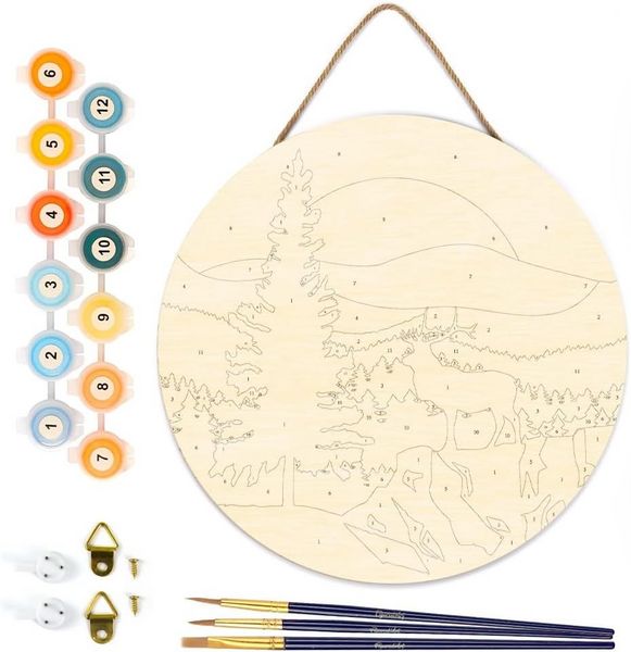 Produktbild: FiguredArt RFA051 - Malen nach Zahlen, Majest&auml;tischer Hirsch und Landschaft, Holzscheibe (30cm), Malset, Paint by Numbers
