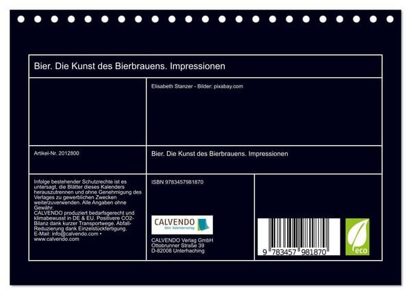 Produktbild: Bier. Die Kunst des Bierbrauens. Impressionen (Tischkalender 2026 DIN A5 quer), CALVENDO Monatskalender