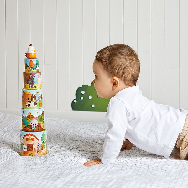 Produktbild: Motorikspielzeug &bdquo;Meine erste Bauernhof-Pyramide&ldquo; &ndash; 6-teiliges Lernspiel mit Mutter Henne f&uuml;r Kinder ab 12 Monaten