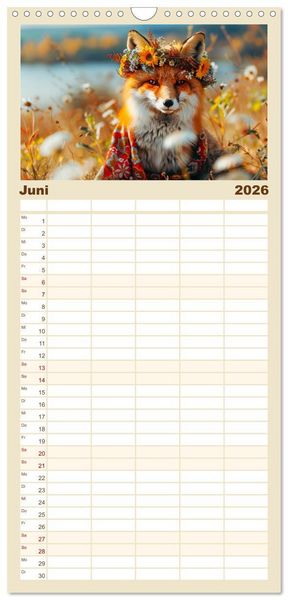 Produktbild: Familienplaner 2026 - Fuchsige Eskapaden. Reineke mit noblen Accessoires mit 5 Spalten (Wandkalender, 21 x 45 cm) CALVENDO