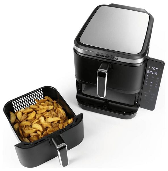 Produktbild: GourmetMaxx FryUp Vertical 15305 Hei&szlig;luft-Fritteuse 10 l 2800 W 2 getrennte Temperaturregler, Antihaftbeschichtung, digitaler Timer Schwarz