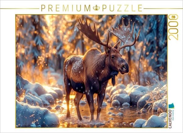 CALVENDO Puzzle Ein Elch an einem Wintertag - in seiner Lieblingsumgebung: Wald, Wasser und Sträucher | 2000 Teile Lege-Größe 90x67cm Foto-Puzzle für