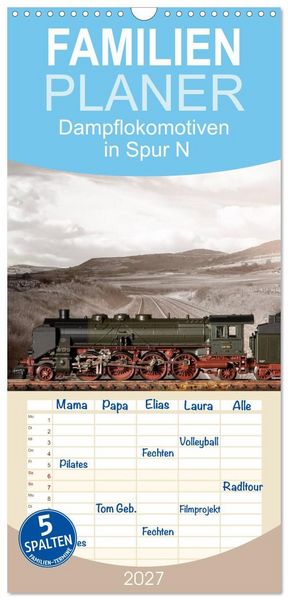Produktbild: Familienplaner 2027 - Dampflokomotiven in Spur N mit 5 Spalten (Wandkalender, 21 x 45 cm) CALVENDO