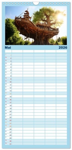 Produktbild: Familienplaner 2026 - Baumh&auml;user - Traumhafte Luftschl&ouml;sser mit 5 Spalten (Wandkalender, 21 x 45 cm) CALVENDO