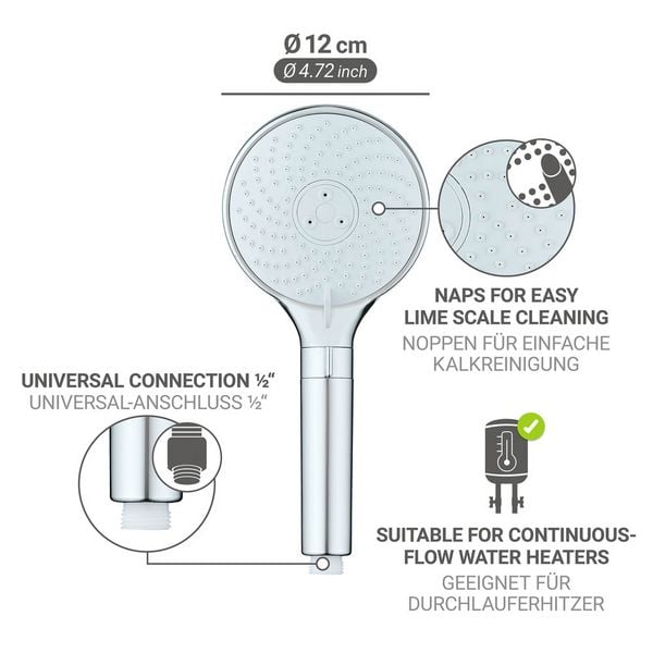 Produktbild: Duschkopf Mod. Water Saving, 12 cm, chrom, ABS, wei&szlig;, 3 Funktionen, wassersparend