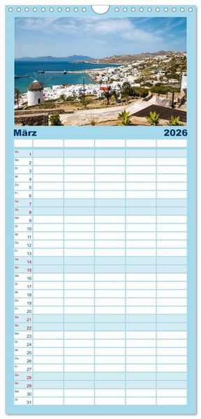 Produktbild: Familienplaner 2026 - Mykonos - Natur, Meer und wei&szlig;e W&auml;nde mit 5 Spalten (Wandkalender, 21 x 45 cm) CALVENDO