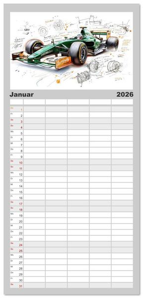 Produktbild: Familienplaner 2026 - Rennwagen - Design Studien mit 5 Spalten (Wandkalender, 21 x 45 cm) CALVENDO