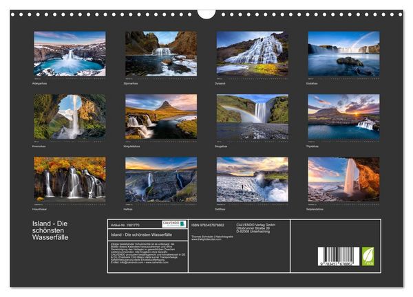 Produktbild: Island - Die sch&ouml;nsten Wasserf&auml;lle (Wandkalender 2026 DIN A3 quer), CALVENDO Monatskalender