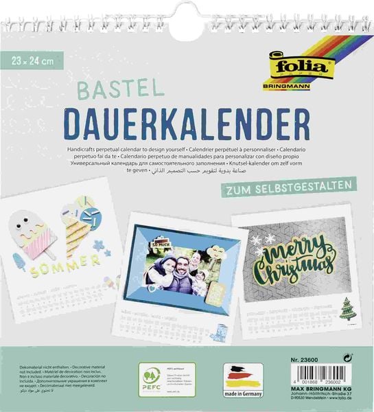 Folia Dauerkalender mit Spiralbindung 220g/m², 23x24cm, Papier weiß, Druck schwarz