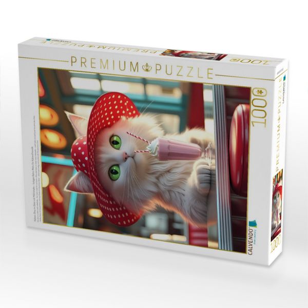 Produktbild: CALVENDO Puzzle Katzen-Diva im Diner mit Milchshake - lustiges Retro-Motiv f&uuml;r Katzenfreunde | 1000 Teile Lege-Gr&ouml;&szlig;e 64x48cm Foto-Puzzle f&uuml;r gl&uuml;cklich