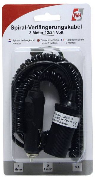 Produktbild: IWH Spiral-Verl&auml;ngerungskabel 3 Meter 12/24 Volt Belastbarkeit Strom max.=10 A 12 oder 24 V/DC