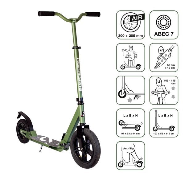 Produktbild: SIX DEGREES Aluminium Scooter All Terrain 300/205 mm olivgr&uuml;n