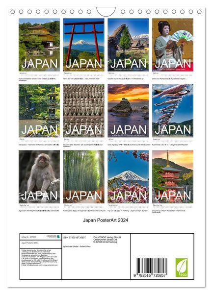 Produktbild: Japan PosterArt 2024 (Wandkalender 2026 DIN A4 hoch), CALVENDO Monatskalender