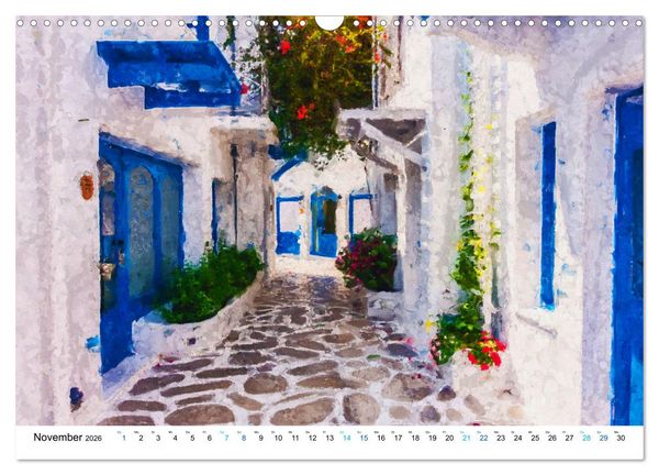 Produktbild: Urlaub auf Santorin - Gemalte Ansichten der Kykladeninsel (Wandkalender 2026 DIN A3 quer), CALVENDO Monatskalender