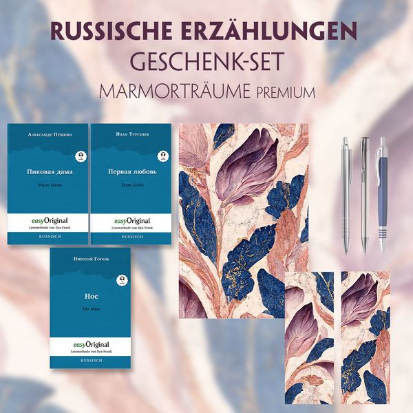 Produktbild: Russische Erz&auml;hlungen Geschenkset - 3 B&uuml;cher (mit Audio-Online) + Marmortr&auml;ume Schreibset Premium