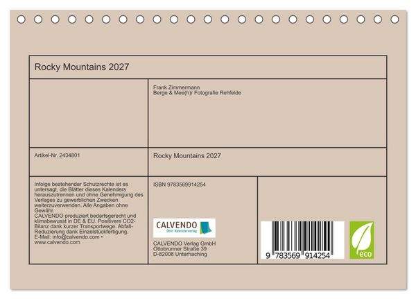 Produktbild: Rocky Mountains 2027 (Tischkalender 2027 DIN A5 quer), CALVENDO Monatskalender