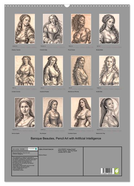 Produktbild: Baroque Beauties, Pencil Art with Artificial Intelligence (Wall Calendar 2026 DIN A2 portrait), CALVENDO 12 Month Wall Calendar