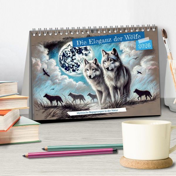 Produktbild: Die Eleganz der W&ouml;lfe - Mythische Begegnungen in der Natur (Tischkalender 2026 DIN A5 quer), CALVENDO Monatskalender