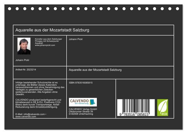 Produktbild: Aquarelle aus der Mozartstadt Salzburg (Tischkalender 2026 DIN A5 quer), CALVENDO Monatskalender