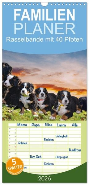 Produktbild: Familienplaner 2026 - Rasselbande mit 40 Pfoten mit 5 Spalten (Wandkalender, 21 x 45 cm) CALVENDO