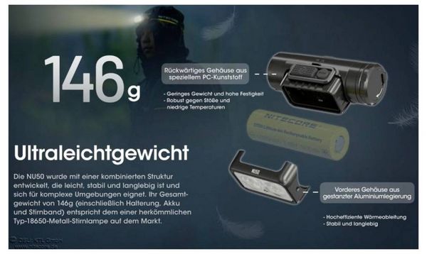 Produktbild: NiteCore NU50 LED Stirnlampe akkubetrieben 1400 lm NC-NU50