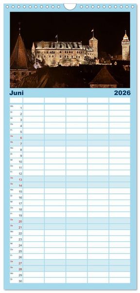Produktbild: Familienplaner 2026 - N&uuml;rnberg - Die Altstadt bei Nacht mit 5 Spalten (Wandkalender, 21 x 45 cm) CALVENDO