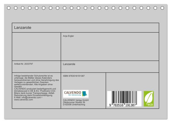 Produktbild: Lanzarote (Tischkalender 2026 DIN A5 quer), CALVENDO Monatskalender