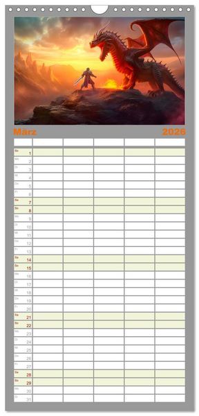 Produktbild: Familienplaner 2026 - Drachent&auml;nzer - Bildgeschichten aus dem Mittelalter mit 5 Spalten (Wandkalender, 21 x 45 cm) CALVENDO