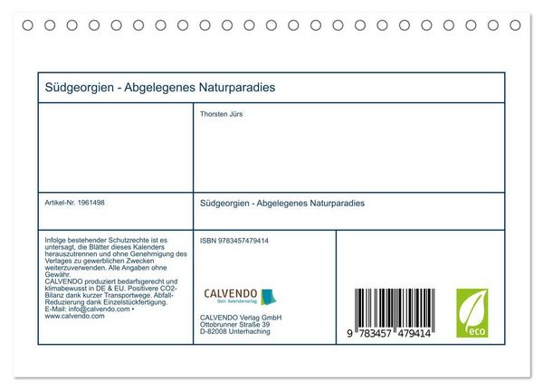 Produktbild: S&uuml;dgeorgien - Abgelegenes Naturparadies (Tischkalender 2026 DIN A5 quer), CALVENDO Monatskalender