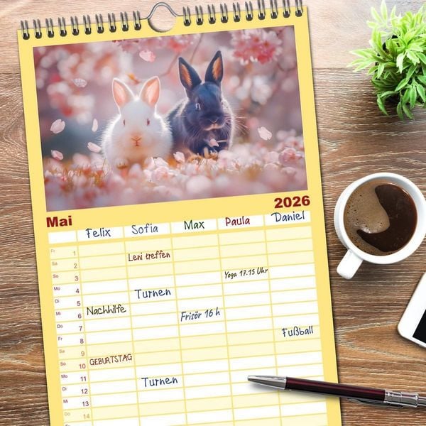Produktbild: Familienplaner 2026 - Lustige Hasengeschichten mit 5 Spalten (Wandkalender, 21 x 45 cm) CALVENDO