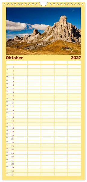 Produktbild: Familienplaner 2027 - Leuchtende Dolomiten mit 5 Spalten (Wandkalender, 21 x 45 cm) CALVENDO